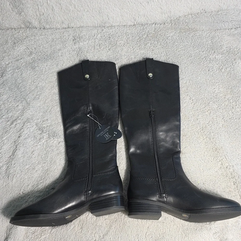 INC Womens Black Genuine Leather Knee High Riding Boots Low Block Heel Sz 5M NWT